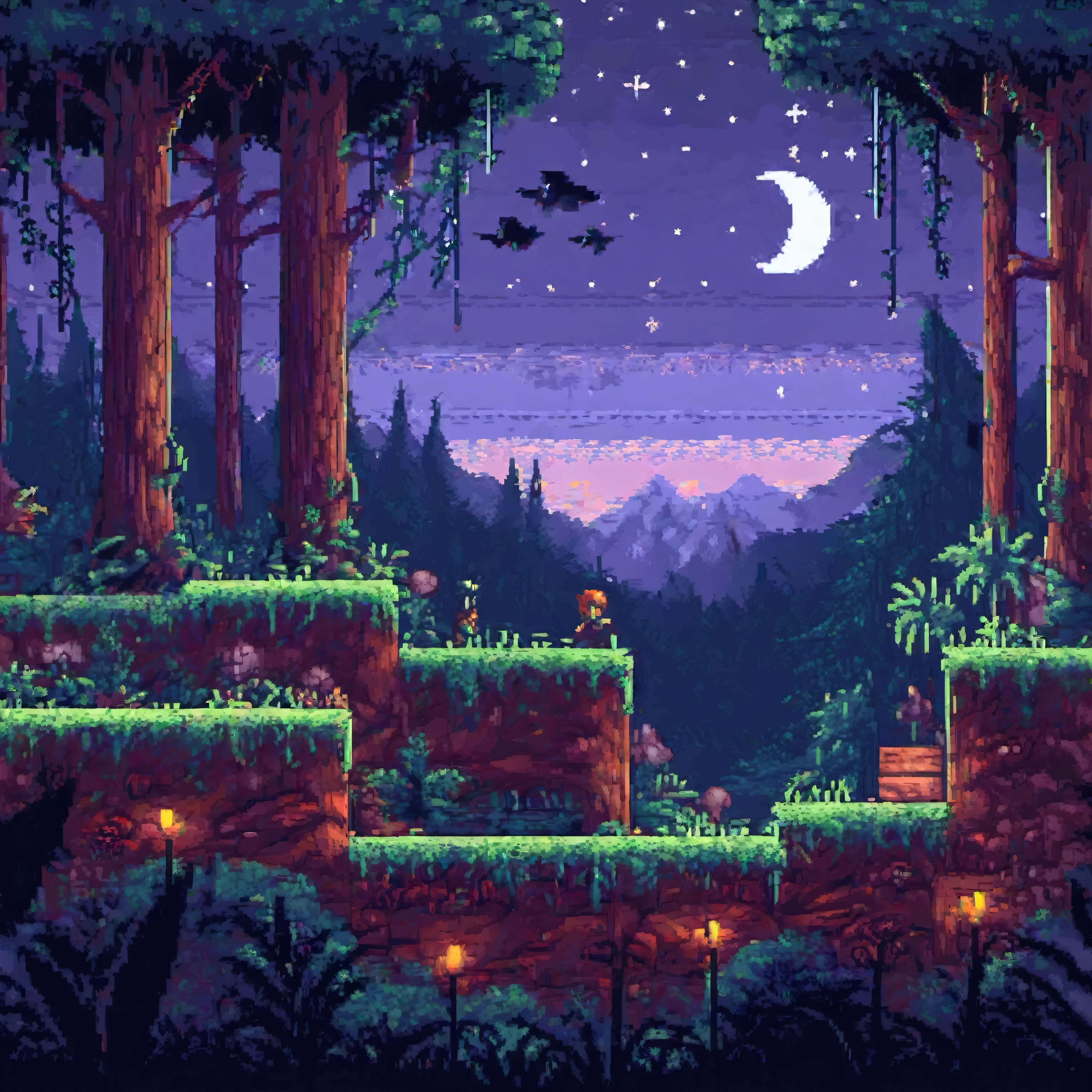 a Estilo de arte pixelada scene of a forest with a bird flying over the trees, beautiful pixel art detalhado, pixel art detalhado, lateral - rolagem de plataforma 2 d, Estilo de arte pixelada, pixel art detalhadowork, conceito pixelart, pixel art de alta qualidade, forest scene in cyber space, Arte de videogame digital 2D, pixel art animation, arte do jogo 2D, arte do jogo 2d