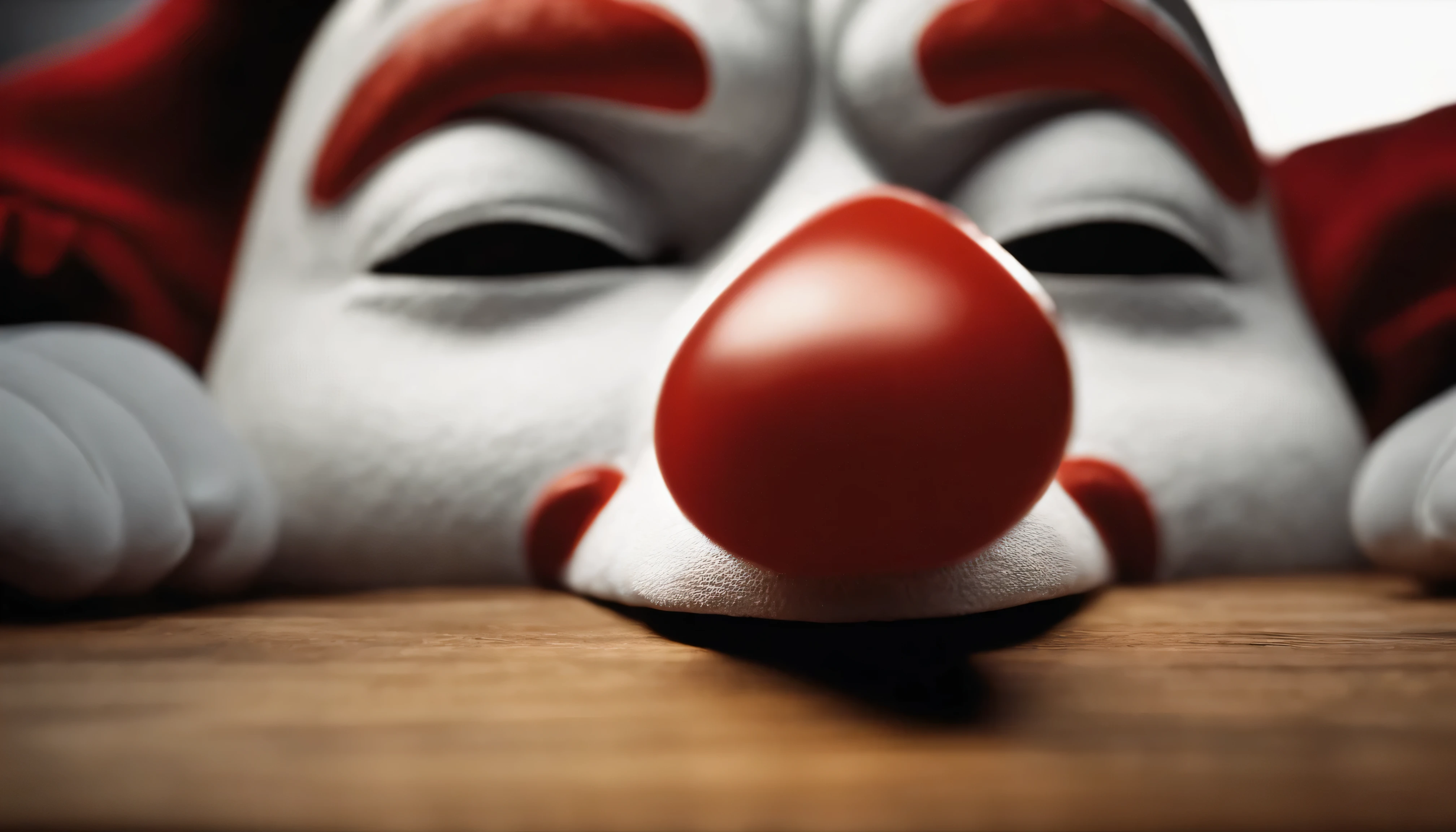 the nose of a clown sitting on a wooden table, best image, sharp focus, highly detailed, brandless, no one, no brand, no words,