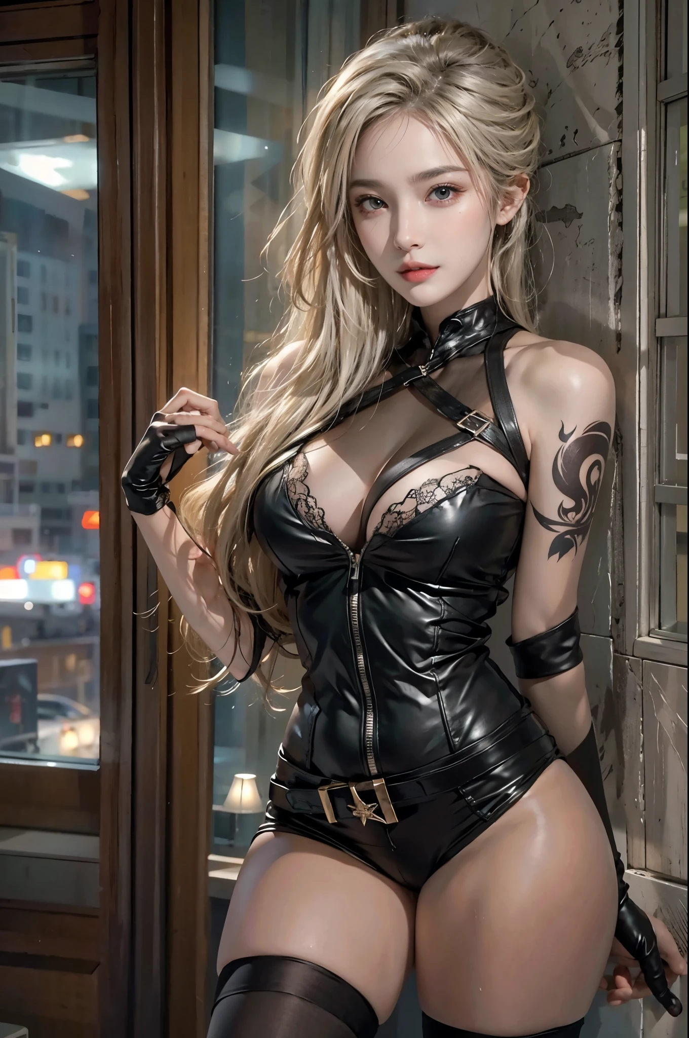 realistic, High resolution, soft light,1 female, alone, hip up, glowing skin, (detailed face),tattoo, jewelry, Strange Uniforms, black stockings, garter belt, night, blonde hair, wavy hair, beautiful soldier, Eyes that invite the viewer, spouse&#39;point of view, attractive appearance, sexy smile, perfect style, perfect balance, fine skin, naughty look, I can see your breasts