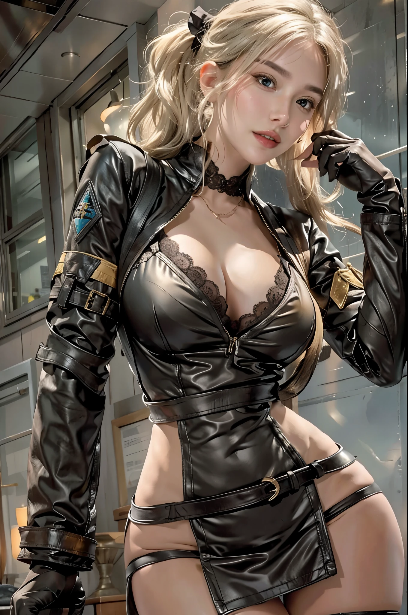 realistic, High resolution, soft light,1 female, alone, hip up, glowing skin, (detailed face),tattoo, jewelry, Strange Uniforms, black stockings, garter belt, night, blonde hair, wavy hair, beautiful soldier, Eyes that invite the viewer, spouse&#39;point of view, attractive appearance, sexy smile, perfect style, perfect balance, fine skin, naughty look, I can see your breasts