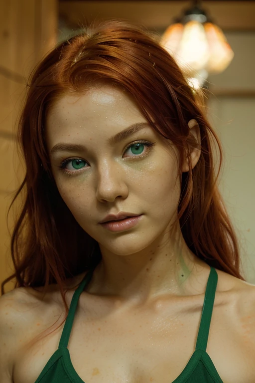 (close up portrait)) 20 year old girl, scottish japanise mix ((bright fiery red hair cascading like molten silk)), slender fit, athletic build . lightly tanned skin. (((bright green eyes))), ultra real, cinematic, high detail, ((no eyeshadow))