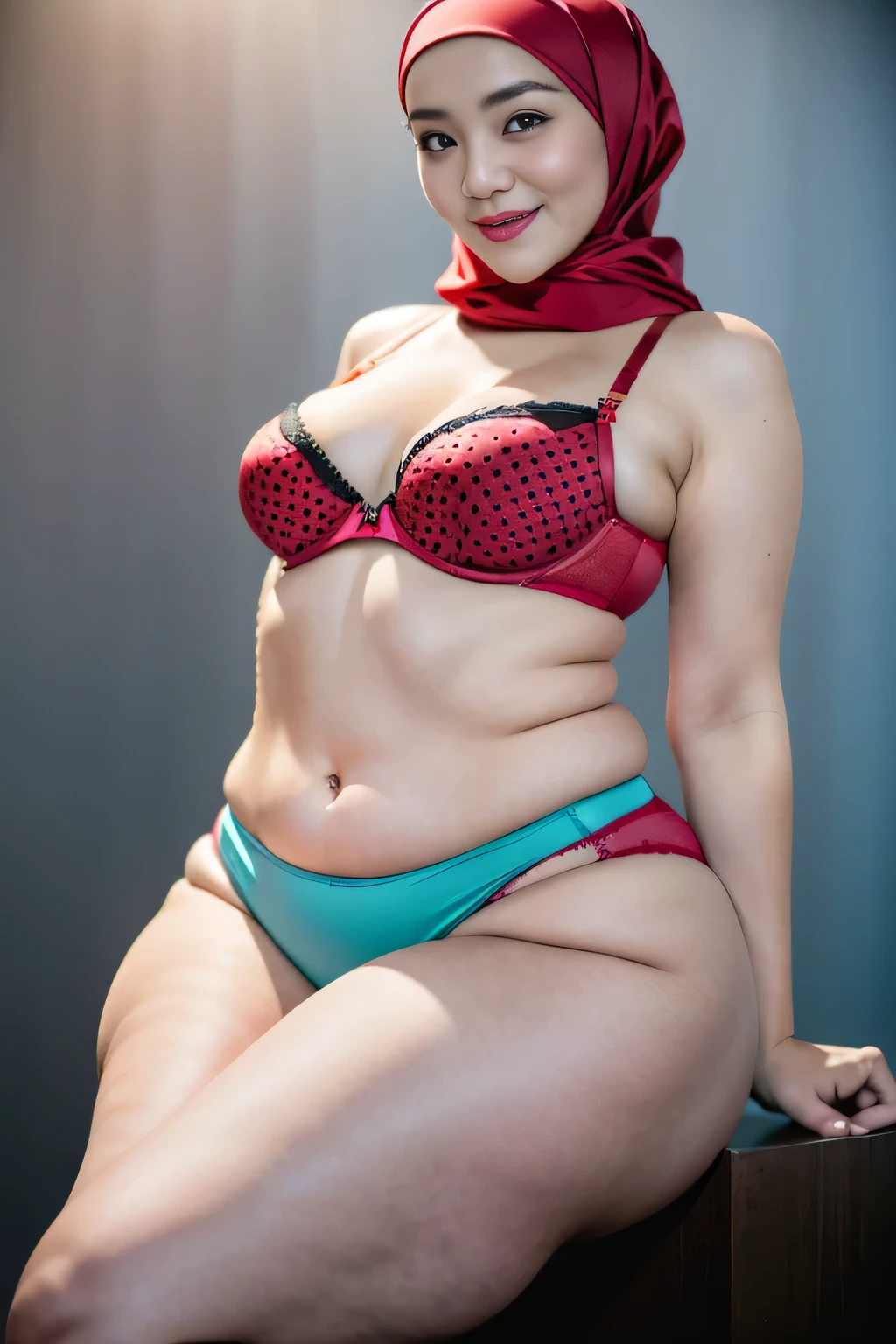 Malay girl in hijab wearing sexy red color satin polkadot bra and panties portrait photography, mid shot photo, ultra detail, professional photograph with professional lighting, smile, light blue studio background, sexy seducing pose, curvy