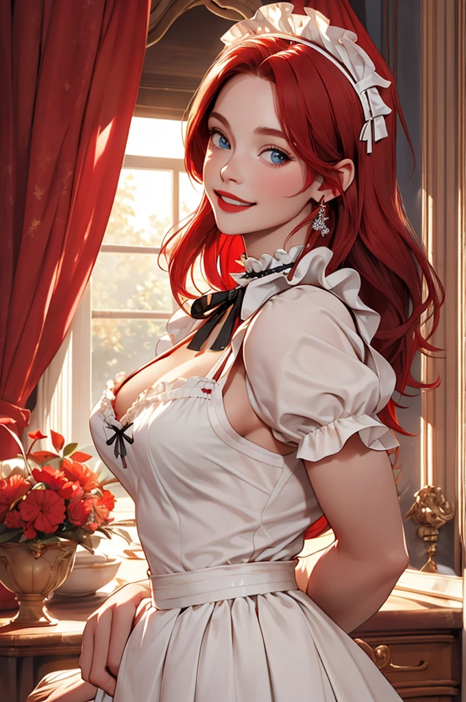 A pretty maid. best quality, masterpiece, red hair, sky blue eyes, wearing a steriotypical French maid outfit, (headdress、white blouse、black ribbon、White Apron、ruffle skirt、puff sleeves、collar、choker、apron with fine ruffles：1.3)、black maid costume). looking up, upper body,hair strand,Fair skin, Large chest,. Adorable, mature Woman,detailed big-eyed woman, round face. promenent red lips. Smileing,In the mansion library, large ass, Picture from the side,looking at the scenes, intense colors, Very valuable details, complex details, volumetric lighting, digital art, 8k, trending on Artstation, Clear focus, complex details, highly detail, Greg Rutkowski Big Eyes, high-resolution, red hair. Ellie Bamber., attractive chest, .Photorealistic. Confidence, self esteem, assertiveness, dominance. wide Amused smile. Sultry expression. , Cleavage. Perky bosum.
