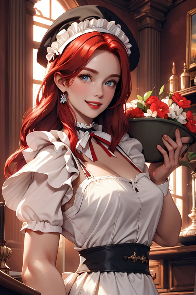 A pretty maid. best quality, masterpiece, red hair, sky blue eyes, wearing a steriotypical French maid outfit, (headdress、white blouse、black ribbon、White Apron、ruffle skirt、puff sleeves、collar、choker、apron with fine ruffles:1.3)、black maid costume). looking up, upper body,hair strand,Fair skin, Large chest,. Adorable, mature Woman,detailed big-eyed woman, round face. promenent red lips. Smileing,In the mansion library, large ass, Picture from the side,looking at the scenes, intense colors, Very valuable details, complex details, volumetric lighting, digital art, 8k, trending on Artstation, Clear focus, complex details, highly detail, Greg Rutkowski Big Eyes, high-resolution, red hair. Ellie Bamber., attractive chest, .Photorealistic. Confidence, self esteem, assertiveness, dominance. wide Amused smile. Sultry expression. , Cleavage. Perky bosum.