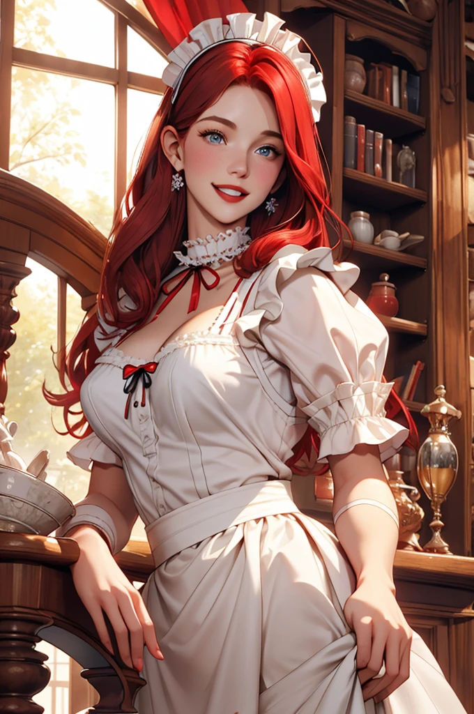 A pretty maid. best quality, masterpiece, red hair, sky blue eyes, wearing a steriotypical French maid outfit, (headdress、white blouse、black ribbon、White Apron、ruffle skirt、puff sleeves、collar、choker、apron with fine ruffles:1.3)、black maid costume). looking up, upper body,hair strand,Fair skin, Large chest,. Adorable, mature Woman,detailed big-eyed woman, round face. promenent red lips. Smileing,In the mansion library, large ass, Picture from the side,looking at the scenes, intense colors, Very valuable details, complex details, volumetric lighting, digital art, 8k, trending on Artstation, Clear focus, complex details, highly detail, Greg Rutkowski Big Eyes, high-resolution, red hair. Ellie Bamber., attractive chest, .Photorealistic. Confidence, self esteem, assertiveness, dominance. wide Amused smile. Sultry expression. , Cleavage. Perky bosum.