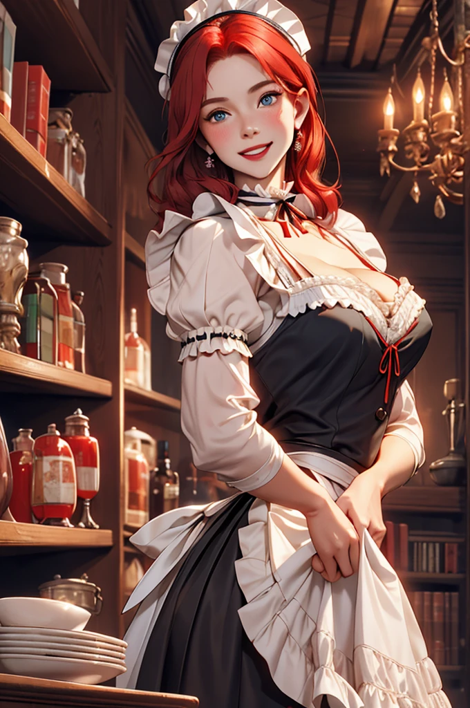 closeup, retro barbershop,two people, (a standing mature curly hair woman with apron holds a comb), combing, girl in white cloth, sitting on swivel stool, window, mirror, faded red brick wall,high quality, masterpiece,mlppinkie, long pink hair, blue eyes, looking excited, happy, blush, 