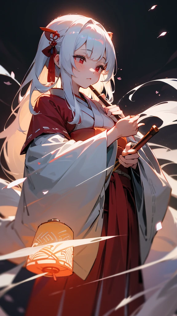 shrine maiden of ancient japanese shrine, pretty girl, kimono, long white hair, ruby red eyes, Princess, Kaguya, Haori, , Wield the shrine maiden's staff, summon spirits and ghosts, Ghosts and spirits fly around her, at night, very detailed, vivid appearance, creative action, very detailed, imaginative, , Voluntary, highest quality, skin texture, intricate details, (cinematic lighting), Raw photo, 8K, masterpiece,highest quality,Super detailed,very detailedイラスト,very detailed,intricate details,High resolution,超intricate details,very detailed 8K cg wallpaper,cherry blossoms,cherry blossomsの巨木,cherry blossomsが舞う,cherry blossoms並木
