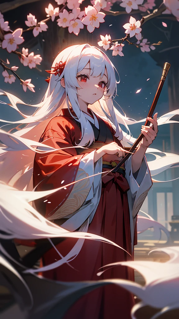 shrine maiden of ancient japanese shrine, pretty girl, kimono, long white hair, ruby red eyes, Princess, Kaguya, Haori, , Wield the shrine maiden&#39;s staff, summon spirits and ghosts, Ghosts and spirits fly around her, at night, very detailed, vivid appearance, creative action, very detailed, imaginative, , Voluntary, highest quality, skin texture, intricate details, (cinematic lighting), Raw photo, 8K, masterpiece,highest quality,Super detailed,very detailedイラスト,very detailed,intricate details,High resolution,超intricate details,very detailed 8K cg wallpaper,cherry blossoms,cherry blossomsの巨木,cherry blossomsが舞う,cherry blossoms並木,Rin々new expression