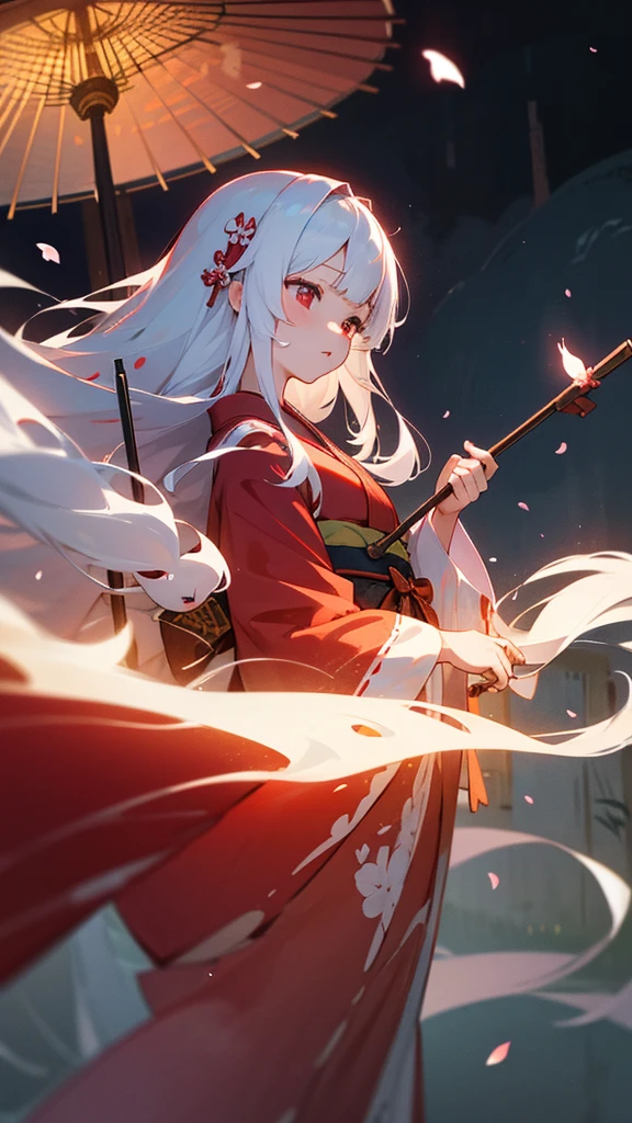 shrine maiden of ancient japanese shrine, pretty girl, kimono, long white hair, ruby red eyes, Princess, Kaguya, Haori, , Wield the shrine maiden&#39;s staff, summon spirits and ghosts, Ghosts and spirits fly around her, at night, very detailed, vivid appearance, creative action, very detailed, imaginative, , Voluntary, highest quality, skin texture, intricate details, (cinematic lighting), Raw photo, 8K, masterpiece,highest quality,Super detailed,very detailedイラスト,very detailed,intricate details,High resolution,超intricate details,very detailed 8K cg wallpaper,cherry blossoms,cherry blossomsの巨木,cherry blossomsが舞う,cherry blossoms並木,Rin々new expression