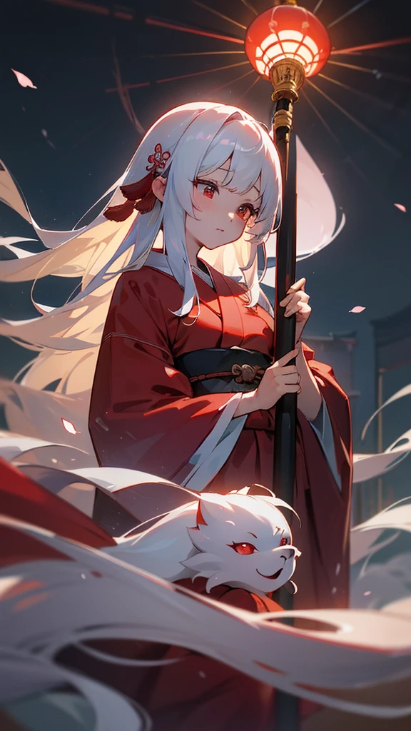 shrine maiden of ancient japanese shrine, pretty girl, kimono, long white hair, ruby red eyes, Princess, Kaguya, Haori, , Wield the shrine maiden's staff, summon spirits and ghosts, Ghosts and spirits fly around her, at night, very detailed, vivid appearance, creative action, very detailed, imaginative, , Voluntary, highest quality, skin texture, intricate details, (cinematic lighting), Raw photo, 8K, masterpiece,highest quality,Super detailed,very detailedイラスト,very detailed,intricate details,High resolution,超intricate details,very detailed 8K cg wallpaper,cherry blossoms,cherry blossomsの巨木,cherry blossomsが舞う,cherry blossoms並木,Rin々new expression