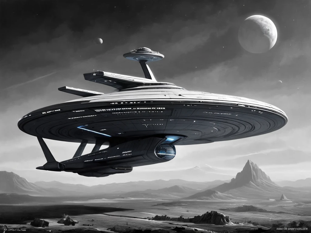 a spaceship slightly similar to, but not the same as, the Enterprise from Star Trek, escala de cinza,monochrome,arte de llbreton,  