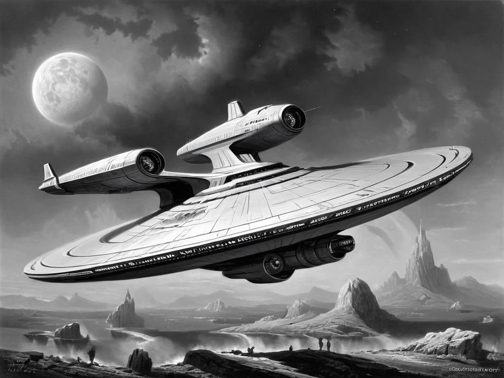 a spaceship slightly similar to, but not the same as, the Enterprise from Star Trek, escala de cinza,monochrome,arte de llbreton,  