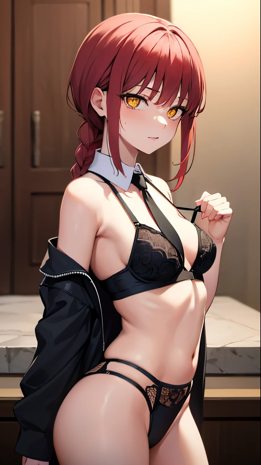 Makima, Makima, Long hair, malicious  Bangs, (Small breasts:1.2), (Yellow eyes:1.2), braid, Red hair, braided ponytails, Ringed Eyes, BREAK  shirt, Long sleeves,  White shirt, neck tie, Collared shirt aberta showing black bra ,  thong pantie , garterbelt ,   black necktie,, BREAK looking at viewer malicious , excited , BREAK (masutepiece:1.2), Best Quality, High resolution, Unity 8k wallpaper, (Illustration:0.8), (Beautiful detailed eyes:1.6), extra detailed face, Perfect Lighting, (Perfect hands, Perfect Anatomy), sexy 