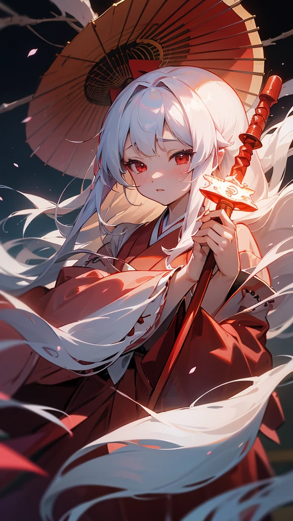shrine maiden of ancient japanese shrine, pretty girl, kimono, long white hair, ruby red eyes, Princess, Kaguya, Haori, , Wield the shrine maiden&#39;s staff, summon spirits and ghosts, Ghosts and spirits fly around her, at night, very detailed, vivid appearance, creative action, very detailed, imaginative, , Voluntary, highest quality, skin texture, intricate details, (cinematic lighting), Raw photo, 8K, masterpiece,highest quality,Super detailed,very detailedイラスト,very detailed,intricate details,High resolution,超intricate details,very detailed 8K cg wallpaper,cherry blossoms,cherry blossomsの巨木,cherry blossomsが舞う,cherry blossoms並木,Rin々new expression