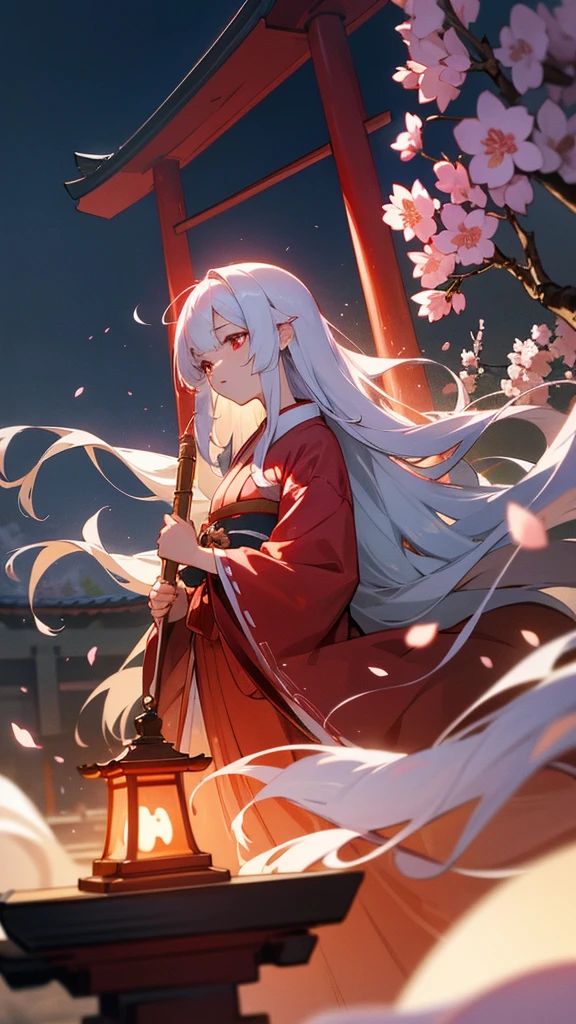 shrine maiden of ancient japanese shrine, pretty girl, kimono, long white hair, ruby red eyes, Princess, Kaguya, Haori, , Wield the shrine maiden's staff, summon spirits and ghosts, Ghosts and spirits fly around her, at night, very detailed, vivid appearance, creative action, very detailed, imaginative, , Voluntary, highest quality, skin texture, intricate details, (cinematic lighting), Raw photo, 8K, masterpiece,highest quality,Super detailed,very detailedイラスト,very detailed,intricate details,High resolution,超intricate details,very detailed 8K cg wallpaper,cherry blossoms,cherry blossomsの巨木,cherry blossomsが舞う,cherry blossoms並木,Rin々new expression
