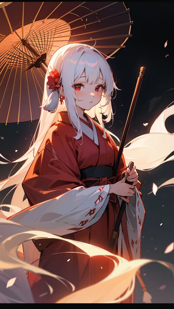 shrine maiden of ancient japanese shrine, pretty girl, kimono, long white hair, ruby red eyes, Princess, Kaguya, Haori, , Wield the shrine maiden's staff, summon spirits and ghosts, Ghosts and spirits fly around her, at night, very detailed, vivid appearance, creative action, very detailed, imaginative, , Voluntary, highest quality, skin texture, intricate details, (cinematic lighting), Raw photo, 8K, masterpiece,highest quality,Super detailed,very detailedイラスト,very detailed,intricate details,High resolution,超intricate details,very detailed 8K cg wallpaper,cherry blossoms,cherry blossomsの巨木,cherry blossomsが舞う,cherry blossoms並木,Rin々new expression
