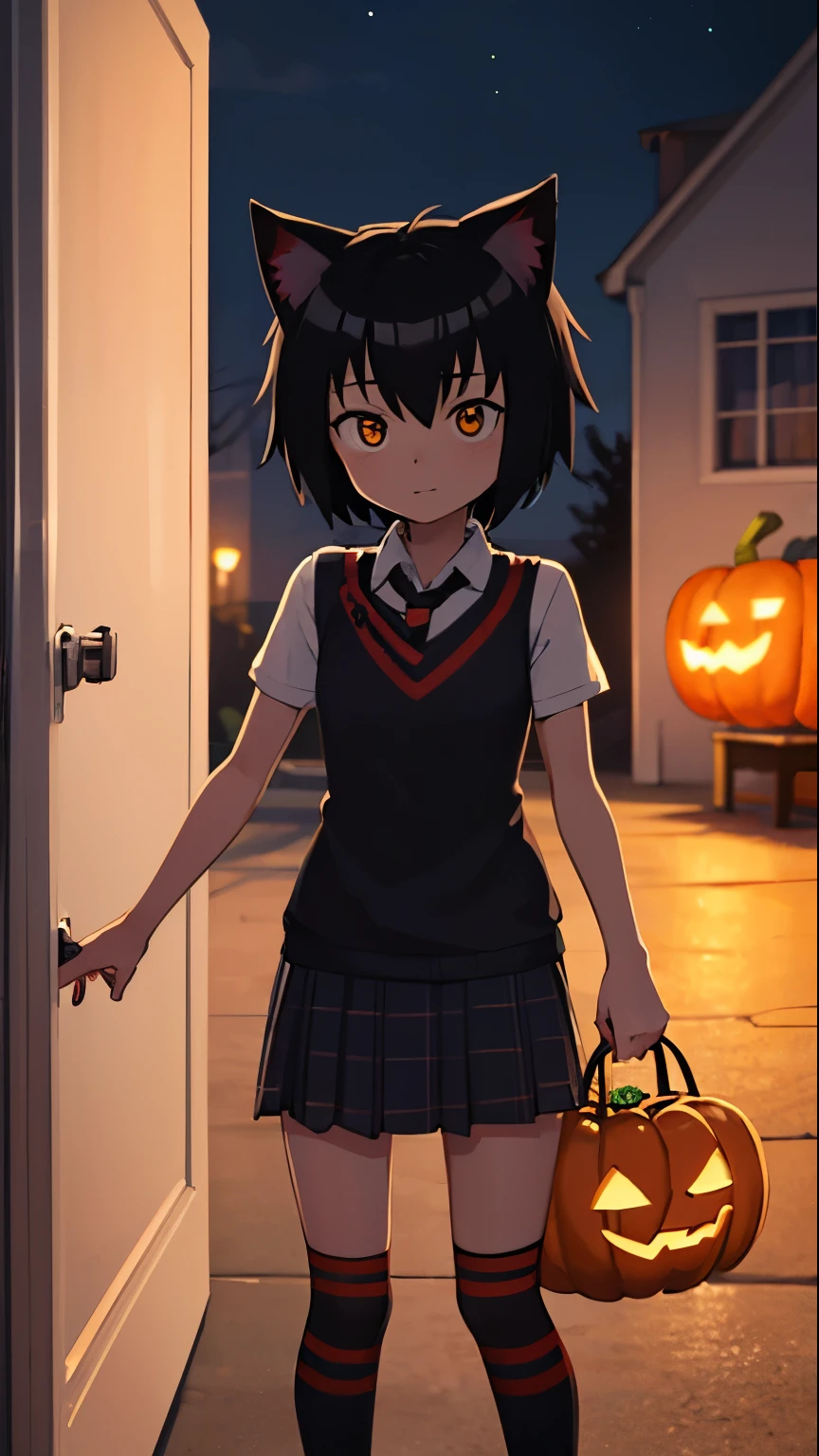 Peni Parker cat costume halloween night, dark night, dark day, holding pumpkin bag, shy, trick or treating, halloween costume, wanting candy, looking up innocently, wanting candy at your house door, halloween street in the background, cat costume, looking at viewer, standing at door wanting candy, halloween night, halloween, halloween, halloween, new york, cat costume, halloween costume,