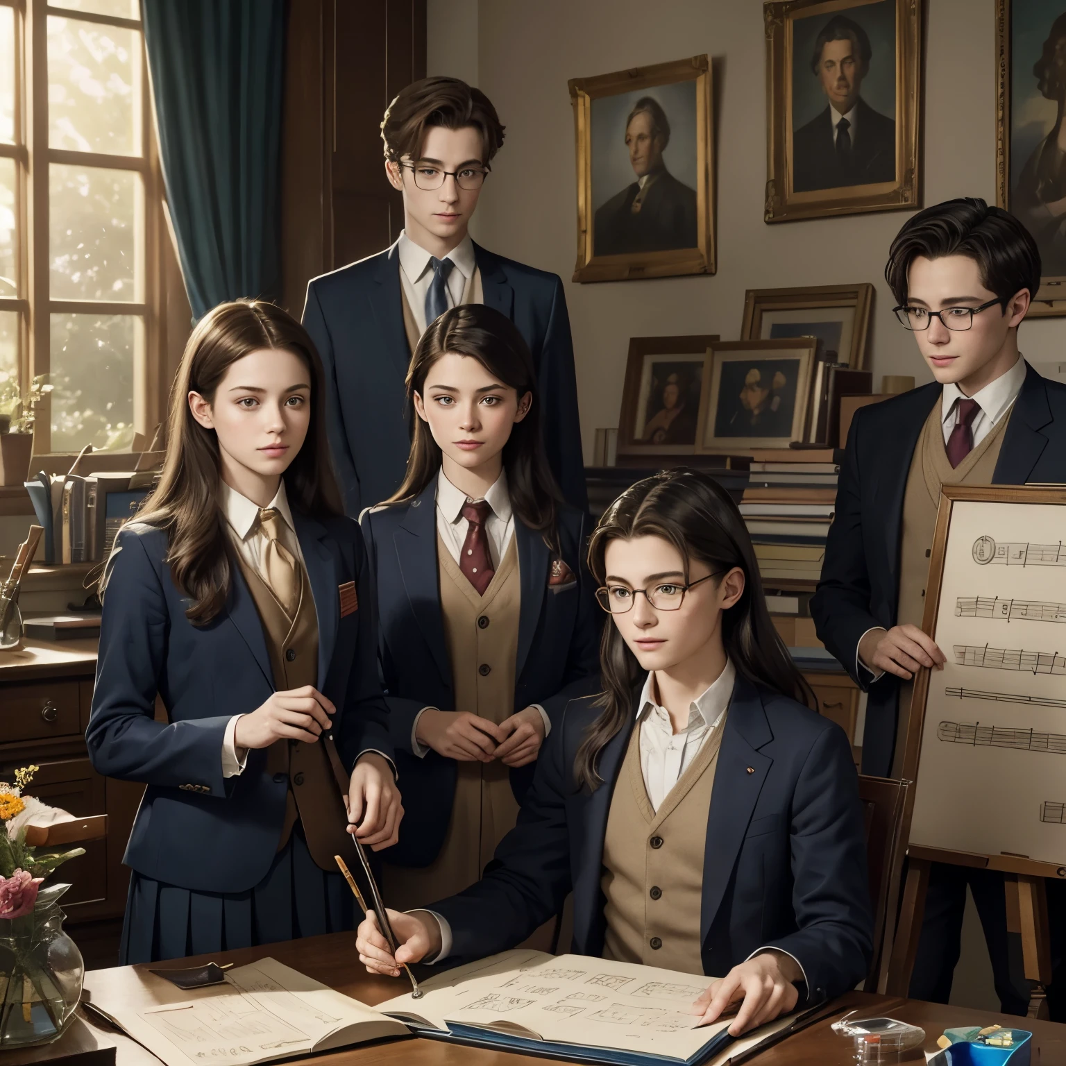 portrait of Daniel, Edward, Tom, Anne and Bella in Senior High School, oil painting, vibrant colors, natural lighting, (best quality, highres, ultra-detailed), scholars, confident expressions, distinctive hairstyles, school uniforms, hero atmosphere, beautiful campus scenery, (realistic:1.37), well-defined features, (Daniel) piercing eyes, (Edward) charming smile, (Tom) thick-rimmed glasses, (Anne) elegant posture, (Bella) graceful movements, (Bella) long flowing hair, (Daniel) holding a book, (Edward) playing a musical instrument, (Tom) writing on a whiteboard, (Anne) surrounded by art supplies, (Bella) walking through blooming flower gardens, (Daniel) passionate about science, (Edward) talented in music, (Tom) excelling in mathematics, (Anne) expressing creativity through painting, (Bella) radiating with confidence, (Daniel) participating in a science competition, (Edward) performing on stage, (Tom) solving a challenging equation, (Anne) showcasing her artwork, (Bella) leading a team, (Daniel) discussing with his teammates, (Edward) sharing his musical compositions, (Tom) explaining a math concept, (Anne) receiving recognition for her painting, (Bella) inspiring others with her leadership, (Daniel) surrounded by scientific equipment, (Edward) surrounded by musical instruments, (Tom) surrounded by mathematical formulas, (Anne) surrounded by paintbrushes and canvases, (Bella) surrounded by books and papers.