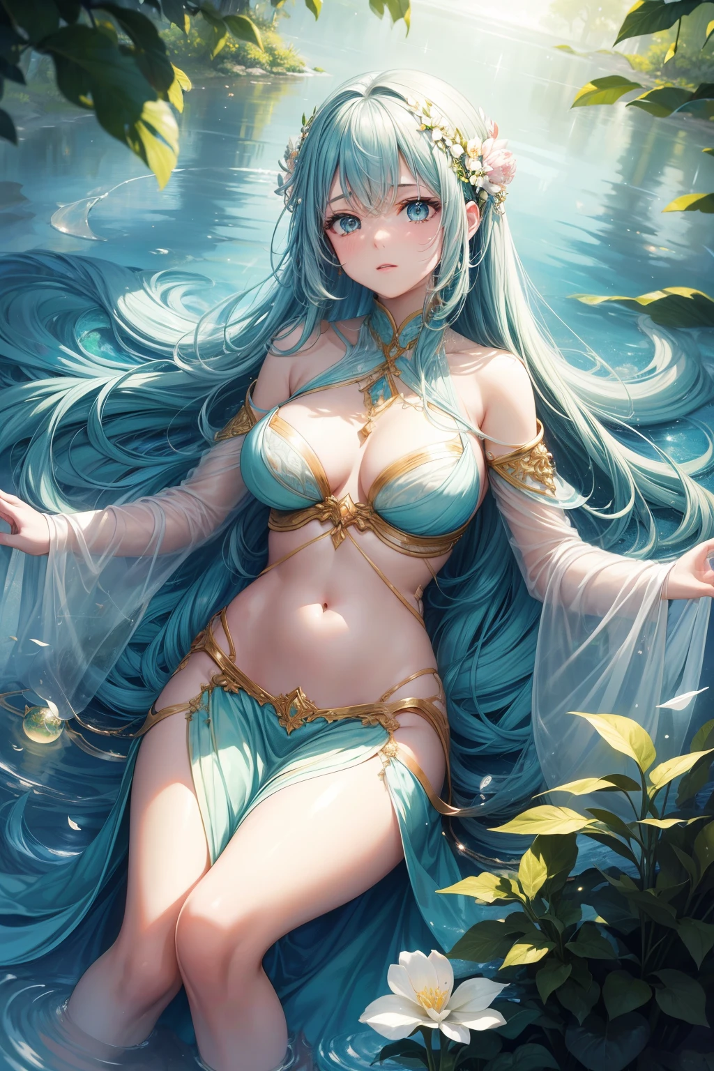 Enter a captivating scene where a woman is suspended by her belly, intricately tied with ropes, in a serene and magical fantasy realm. The setting is a lush, enchanted forest, filled with vibrant flora and ethereal creatures. Rays of golden sunlight filter through the canopy, casting a warm glow on the woman's delicate features. She dangles above a shimmering, crystal-clear lake, surrounded by floating orbs of light. The atmosphere is filled with a sense of wonder and mysticism. This scene will be depicted in an anime-style illustration, with soft, pastel colors, flowing lines, and intricate details. The artwork will capture the enchantment and beauty of the fantasy world, emphasizing the woman's ethereal presence and the harmonious connection with nature.