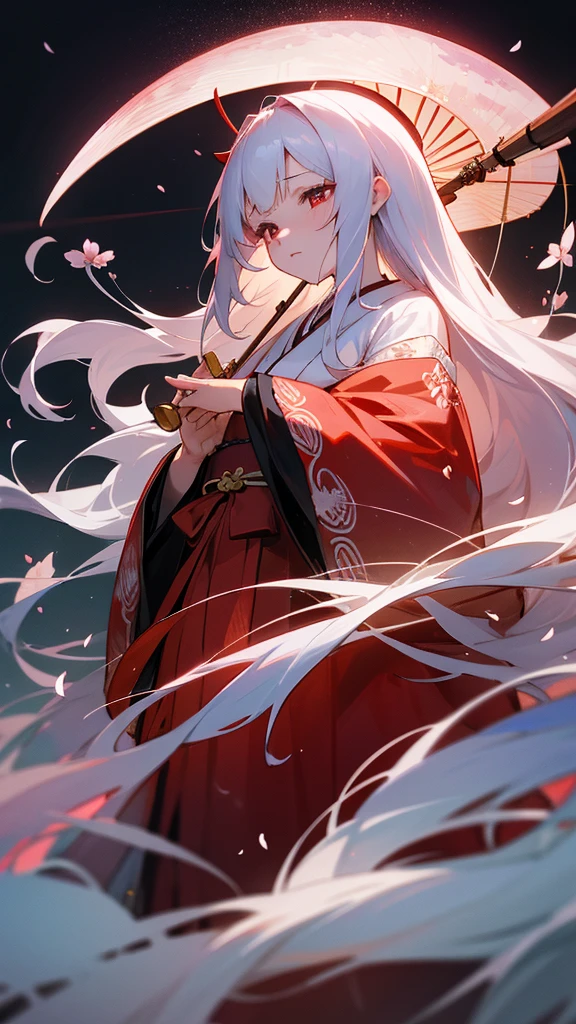 shrine maiden of ancient japanese shrine, pretty girl, kimono, long white hair, ruby red eyes, Princess, Kaguya, Haori, , Wield the shrine maiden's staff, summon spirits and ghosts, Ghosts and spirits fly around her, at night, very detailed, vivid appearance, creative action, very detailed, imaginative, , Voluntary, highest quality, skin texture, intricate details, (cinematic lighting), Raw photo, 8K, masterpiece,highest quality,Super detailed,very detailedイラスト,very detailed,intricate details,High resolution,超intricate details,very detailed 8K cg wallpaper,cherry blossoms,cherry blossomsの巨木,cherry blossomsが舞う,cherry blossoms並木,Rin々new expression,moon