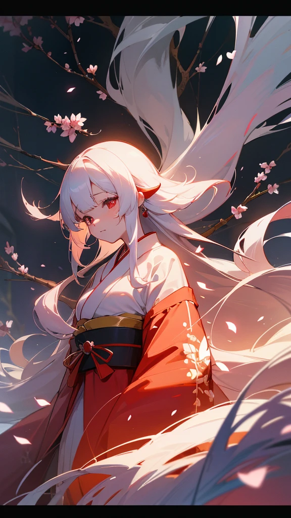 shrine maiden of ancient japanese shrine, pretty girl, kimono, long white hair, ruby red eyes, Princess, Kaguya, Haori, , Wield the shrine maiden's staff, summon spirits and ghosts, Ghosts and spirits fly around her, at night, very detailed, vivid appearance, creative action, very detailed, imaginative, , Voluntary, highest quality, skin texture, intricate details, (cinematic lighting), Raw photo, 8K, masterpiece,highest quality,Super detailed,very detailedイラスト,very detailed,intricate details,High resolution,超intricate details,very detailed 8K cg wallpaper,cherry blossoms,cherry blossomsの巨木,cherry blossomsが舞う,cherry blossoms並木,Rin々new expression,moon