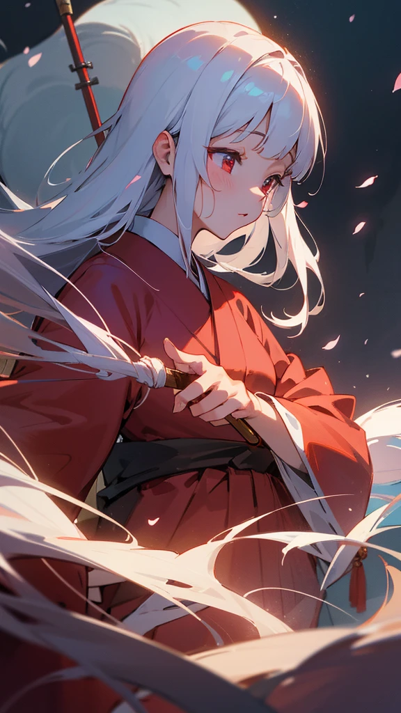 shrine maiden of ancient japanese shrine, pretty girl, kimono, long white hair, ruby red eyes, Princess, Kaguya, Haori, , Wield the shrine maiden's staff, summon spirits and ghosts, Ghosts and spirits fly around her, at night, very detailed, vivid appearance, creative action, very detailed, imaginative, , Voluntary, highest quality, skin texture, intricate details, (cinematic lighting), Raw photo, 8K, masterpiece,highest quality,Super detailed,very detailedイラスト,very detailed,intricate details,High resolution,超intricate details,very detailed 8K cg wallpaper,cherry blossoms,cherry blossomsの巨木,cherry blossomsが舞う,cherry blossoms並木,Rin々new expression,moon