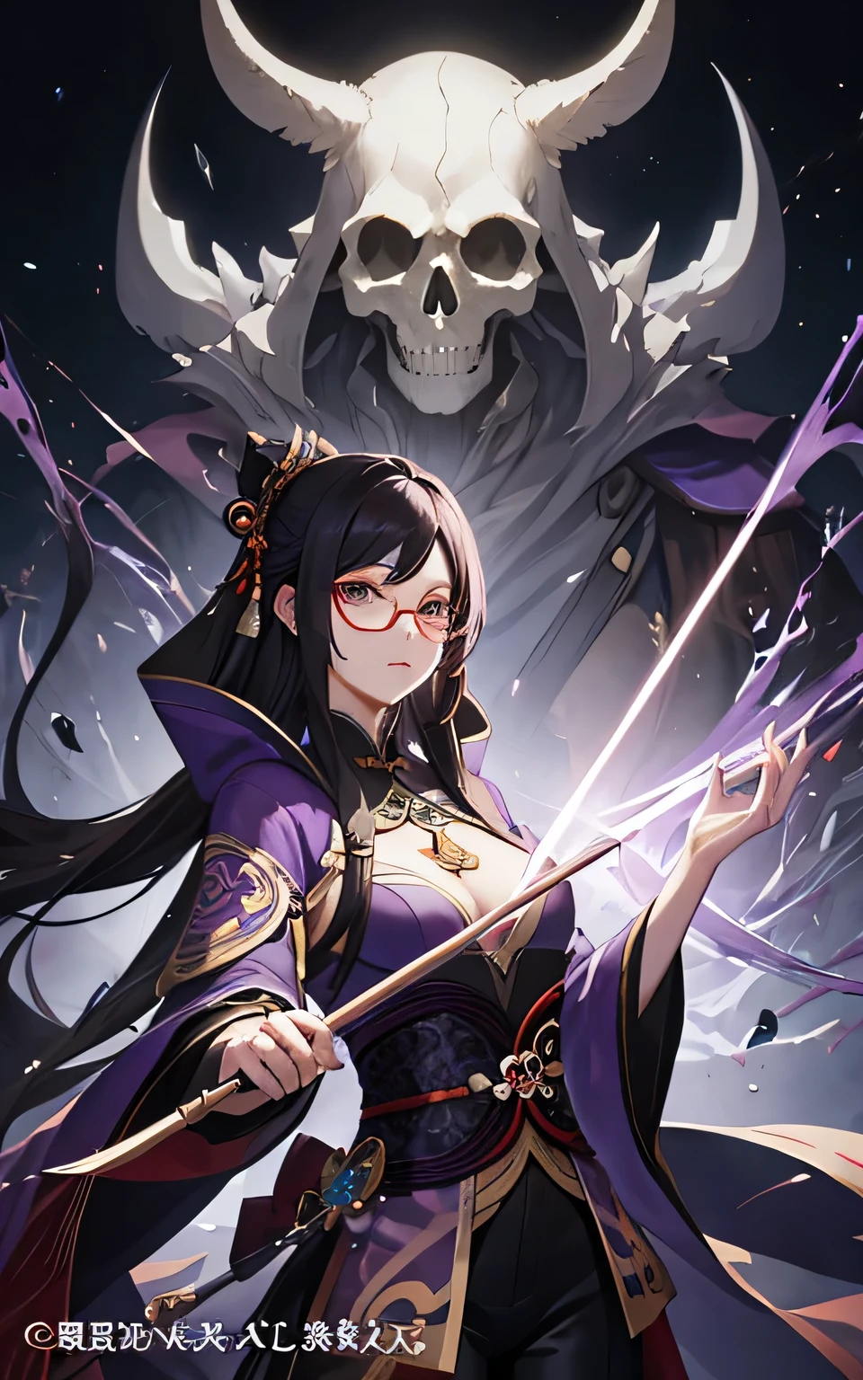anime - style image of a woman in a purple coat and black pants, cushart krenz women's key art glasses, artgerm extremamente detalhado, estilo artgerm, keqing do impacto genshin, das meninas da linha de frente, retrato completo do elementalista, xianxia de corpo inteiro, Pose elegante real, Astri Lohne holding a magic staff with a skull on the end