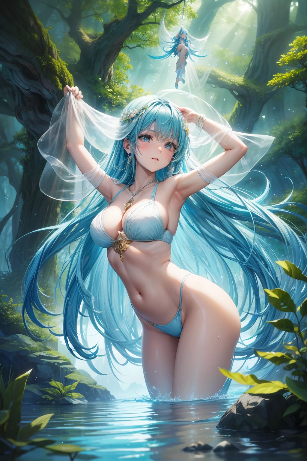Enter a captivating scene where a woman is suspended by her belly, intricately tied with ropes, in a serene and magical fantasy realm. The setting is a lush, enchanted forest, filled with vibrant flora and ethereal creatures. Rays of golden sunlight filter through the canopy, casting a warm glow on the woman's delicate features. She dangles above a shimmering, crystal-clear lake, surrounded by floating orbs of light. The atmosphere is filled with a sense of wonder and mysticism. This scene will be depicted in an anime-style illustration, with soft, pastel colors, flowing lines, and intricate details. The artwork will capture the enchantment and beauty of the fantasy world, emphasizing the woman's ethereal presence and the harmonious connection with nature.