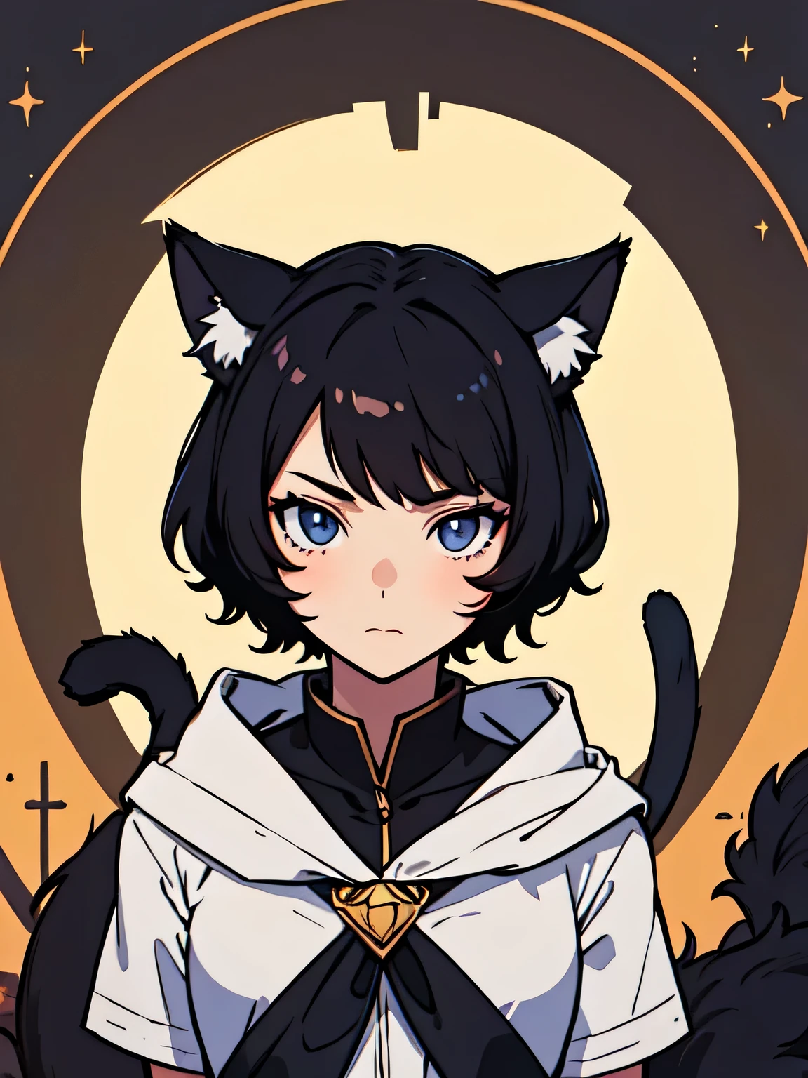 masterpiece, best quality, portrait, 1girl, cat ear, cat tail, black hair, short hair, mantle, hood, ws7