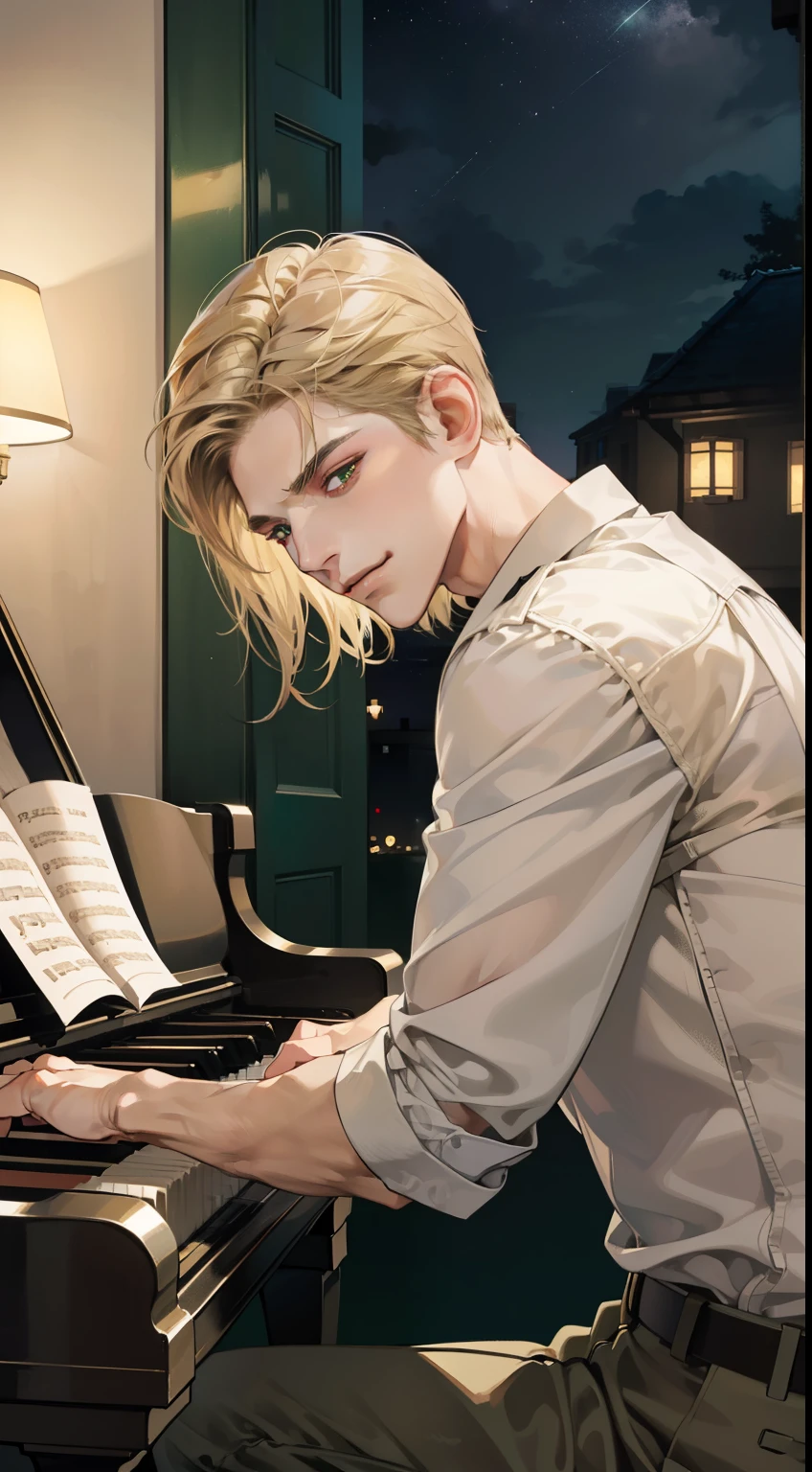masterpiece, best quality, realistic, 1man, mature male, quiet and charming young man, 18 years old, close his eyes, smirk, closed mouth, extremely detailed face, a little distant, ((dark green eyes)), ((short-side-swept sandy blonde hair)), [thick eyebrows], playing piano, 4K, cool light setting, (in the night)