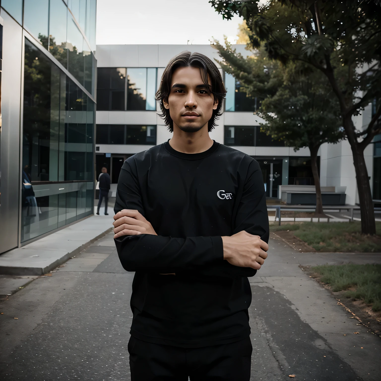 a man standing in front of the Google office wearing black clothes, hands folded in front, landscape photo