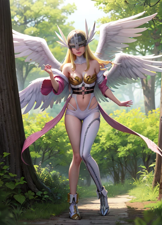 ((Best quality)), ((sehr detailliert)), absurder, (detaillierte Augen, tiefe Augen), (1girl), dynamische Pose, Full body, Angewomon, blondes Haar, lange Haare, feathered wings, ((additional wings)), large wings, winged helmet, Schal, medium breasts, asymmetrische Kleidung, Oberschenkelgurt, Schleife, (outside, an einer Kiefer_Baum Wald, eins)