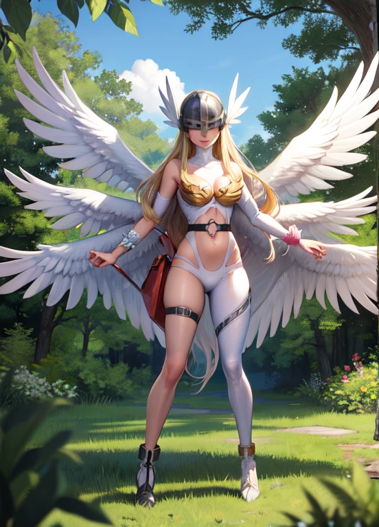 ((Best quality)), ((sehr detailliert)), absurder, (detaillierte Augen, tiefe Augen), (1girl), dynamische Pose, Full body, Angewomon, blondes Haar, lange Haare, feathered wings, ((additional wings)), large wings, winged helmet, Schal, medium breasts, asymmetrische Kleidung, Oberschenkelgurt, Schleife, (outside, an einer Kiefer_Baum Wald, eins)