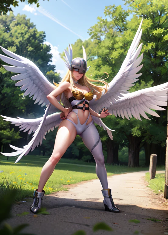 ((Best quality)), ((sehr detailliert)), absurder, (detaillierte Augen, tiefe Augen), (1girl), dynamische Pose, Full body, Angewomon, blondes Haar, lange Haare, feathered wings, ((additional wings)), large wings, winged helmet, Schal, medium breasts, asymmetrische Kleidung, Oberschenkelgurt, Schleife, (outside, an einer Kiefer_Baum Wald, eins)