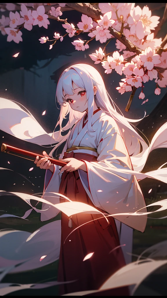 shrine maiden of ancient japanese shrine, pretty girl, kimono, long white hair, ruby red eyes, Princess, Kaguya, Haori, , Wield the shrine maiden's staff, summon spirits and ghosts, Ghosts and spirits fly around her, at night, very detailed, vivid appearance, creative action, very detailed, imaginative, , Voluntary, highest quality, skin texture, intricate details, (cinematic lighting), Raw photo, 8K, masterpiece,highest quality,Super detailed,very detailedイラスト,very detailed,intricate details,High resolution,超intricate details,very detailed 8K cg wallpaper,cherry blossoms,cherry blossomsの巨木,cherry blossomsが舞う,cherry blossoms並木,Rin々new expression,moon,walk on the road
