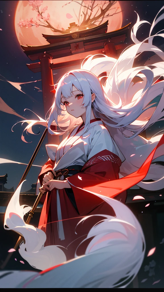 shrine maiden of ancient japanese shrine, pretty girl, kimono, long white hair, ruby red eyes, Princess, Kaguya, Haori, , Wield the shrine maiden's staff, summon spirits and ghosts, Ghosts and spirits fly around her, at night, very detailed, vivid appearance, creative action, very detailed, imaginative, , Voluntary, highest quality, skin texture, intricate details, (cinematic lighting), Raw photo, 8K, masterpiece,highest quality,Super detailed,very detailedイラスト,very detailed,intricate details,High resolution,超intricate details,very detailed 8K cg wallpaper,cherry blossoms,cherry blossomsの巨木,cherry blossomsが舞う,cherry blossoms並木,Rin々new expression,moon,walk on the road