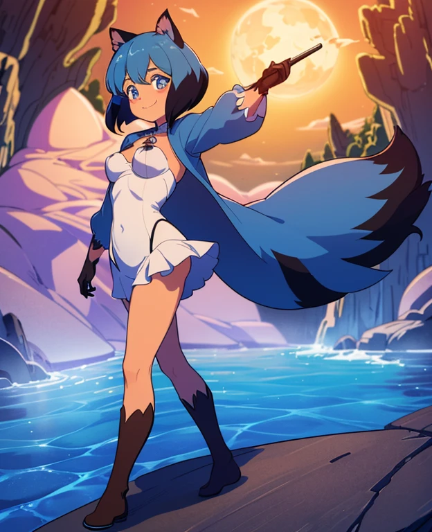 1girl, wolf ears, blue hair, wolf tail, navel, bikini, navel, paw hands, paw feet, chains, panty pull, pussy, from behind, anus