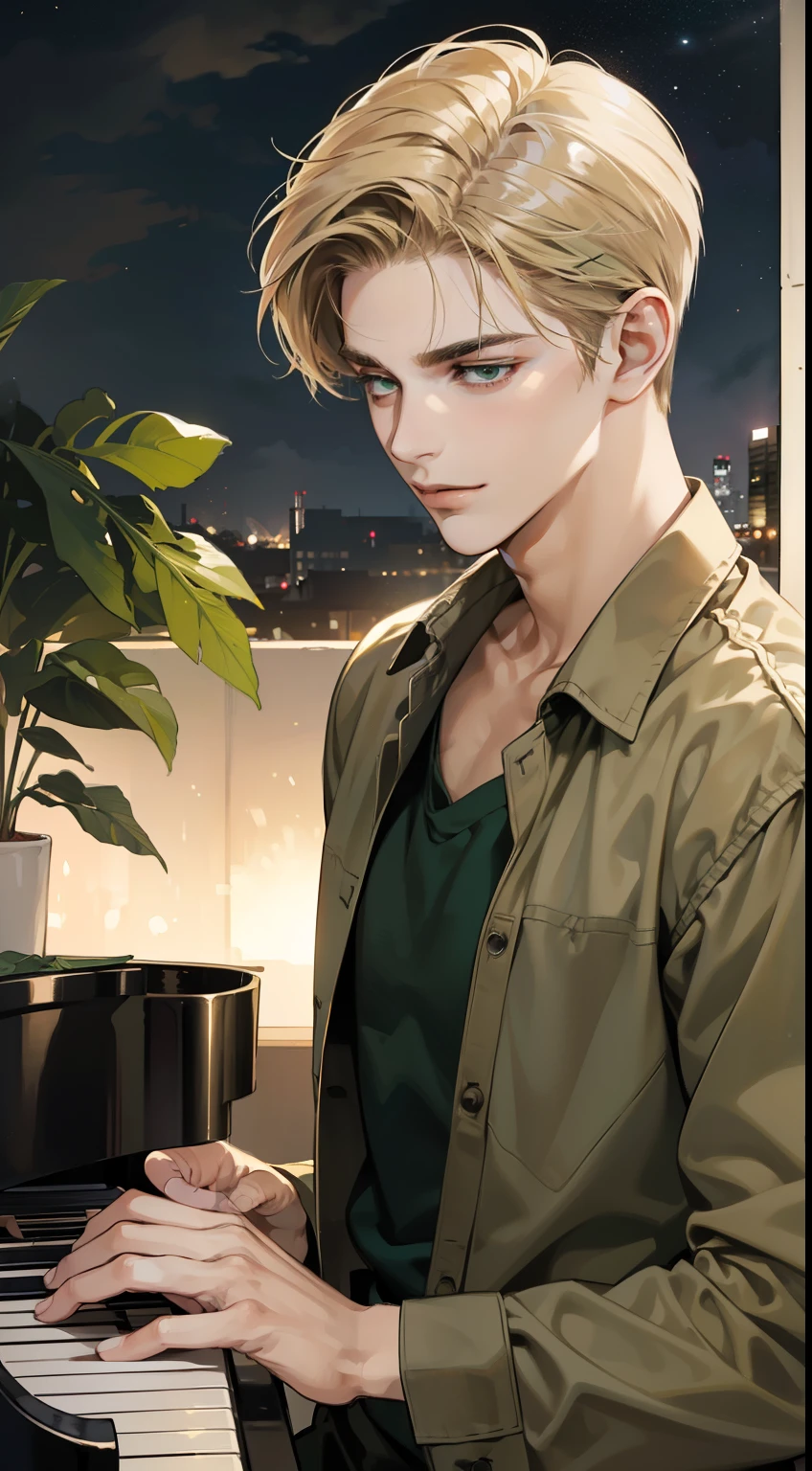 masterpiece, best quality, realistic, 1man, mature male, quiet and charming young man, 18 years old, close his eyes, smirk, closed mouth, extremely detailed face, a little distant, ((dark green eyes)), ((short-side-swept sandy blonde hair)), [thick eyebrows], playing piano, 4K, cool light setting, (in the night)