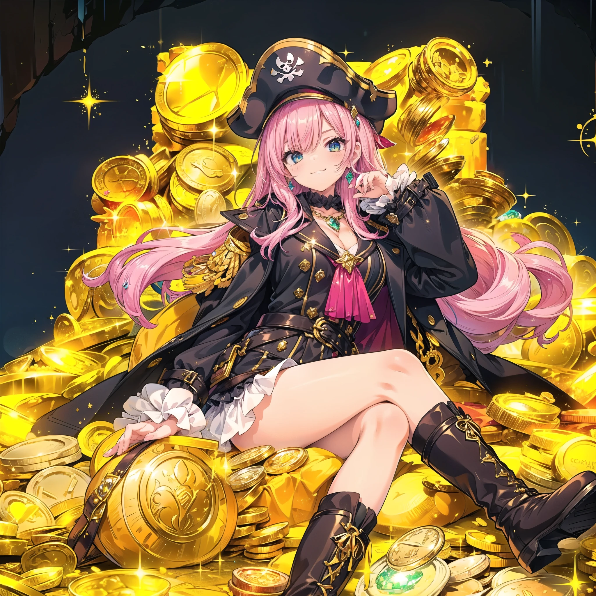 masterpiece, best quality, 1girl, solo, a girl in pirate suit with long hair sitting on the treasures and coins in a cave, (((treasures, jewel, gems, coins))), (glitter:1.3), long hair, pink hair, cleavage, captain hat, boots, frills, long coat, belts, crossed_legs_(lying), smug face, frome below