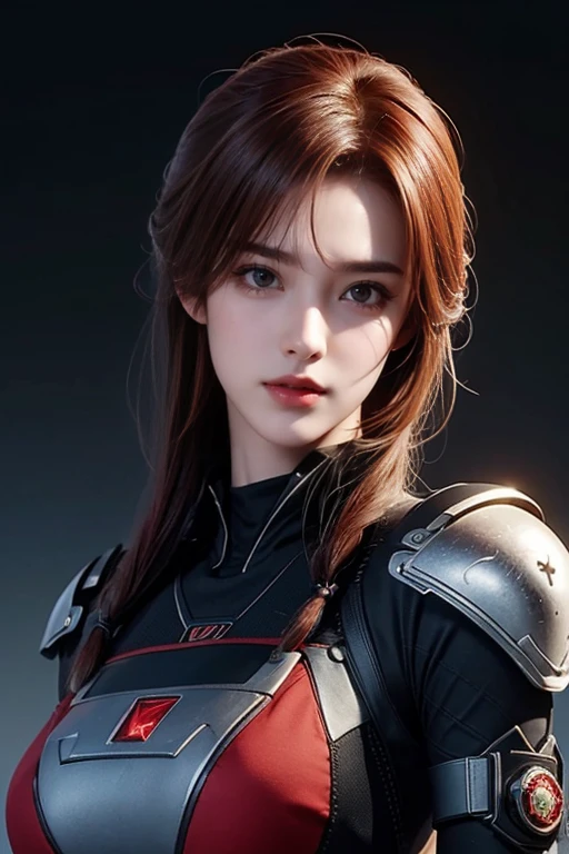 Masterpiece,best quality,High resolution,8k,(Portrait),((head close up)),(original photo),Real photos,digital photography,(female officerที่ผสมผสานสไตล์สมัยใหม่เข้ากับไซเบอร์พังค์:1.2),(female officer),20 year old girl,Random hairstyle,Red eyes and gradient red hair),Serious and obsessive,rift, decorations,Red lipstick,shut your mouth,sullen,elegant and charming,Serious and arrogant,Calm and handsome,(Modern and cyberpunk uniforms),uniform fighting,Shoulder armor,Reveal your navel,glowing electronic components,red halo,Posing for pictures,Realistic style,light magic,gray earth background,oc render reflection textures