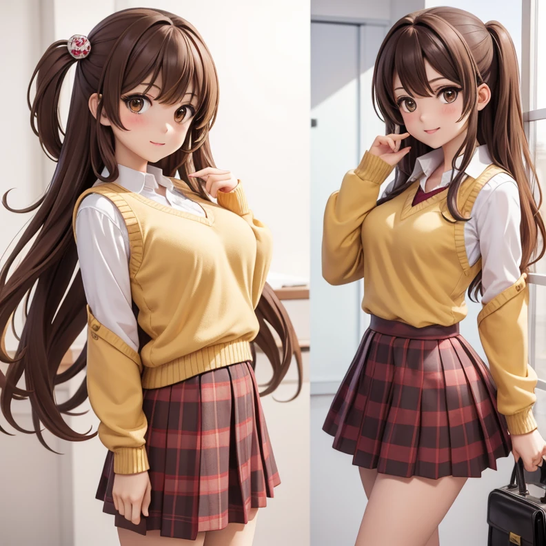 reference sheet, (masterpiece, best quality:1.2), 1girl, solo,standing_split,
Mikan Yuuki, brown eyes, brown hair, hair ornament,long hair,green plaid skirt, sainan high , , white shirt, yellow sweater vest,no panty