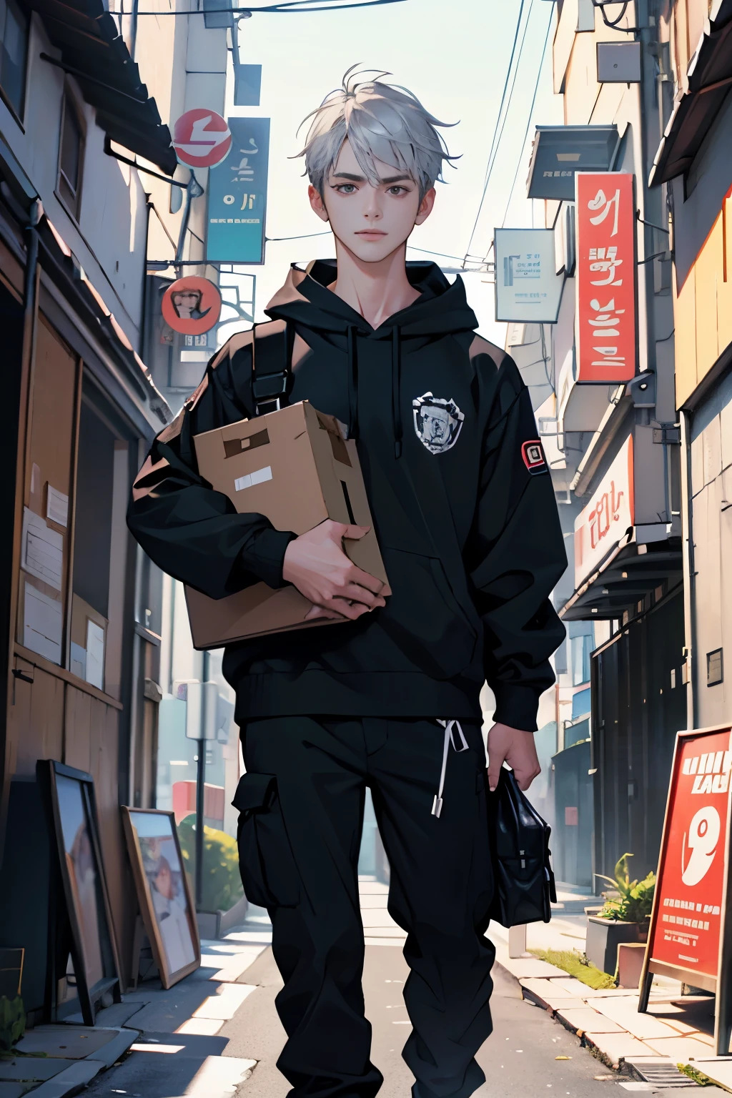 (tmasterpiece,ultra high resolution,16k UHD,high qulity),low tune,standing on your feet,looking at viewert,hoody,tmasterpiece,On the doorstep of the apartment,Delivery man,sitted,(Gray hair),Black eyes,ssmile,Seoul,(small heads),Tall man, Masculine face shape,Dregs,Precise anatomy,Precise hand structure,Delivery man's uniform,Delivery trucks,Holding a package in his hand,Unity 16K wallpaper,concept-art,One guy,8K eyeature male))),(short detailed hair),(photorealiscic face:1.8),broad shoulder,slips,(full bodyesbian:1.6),Male 18