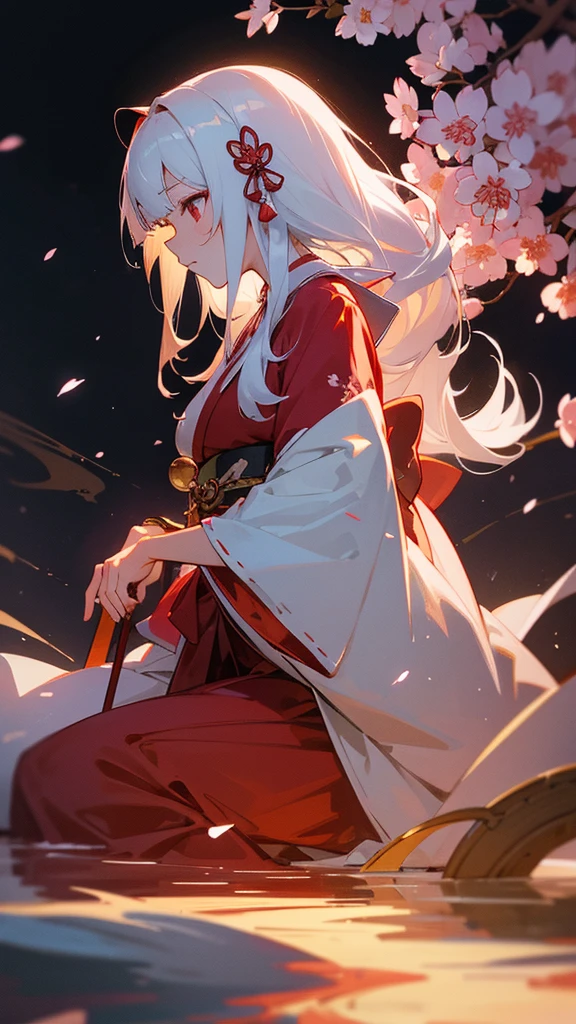 shrine maiden of ancient japanese shrine, pretty girl, kimono, long white hair, ruby red eyes, Princess, Kaguya, Haori, , Wield the shrine maiden's staff, summon spirits and ghosts, Ghosts and spirits fly around her, at night, very detailed, vivid appearance, creative action, very detailed, imaginative, , Voluntary, highest quality, skin texture, intricate details, (cinematic lighting), Raw photo, 8K, masterpiece,highest quality,Super detailed,very detailedイラスト,very detailed,intricate details,High resolution,超intricate details,very detailed 8K cg wallpaper,cherry blossoms,cherry blossomsの巨木,cherry blossomsが舞う,cherry blossoms並木,Rin々new expression,moon,sitting