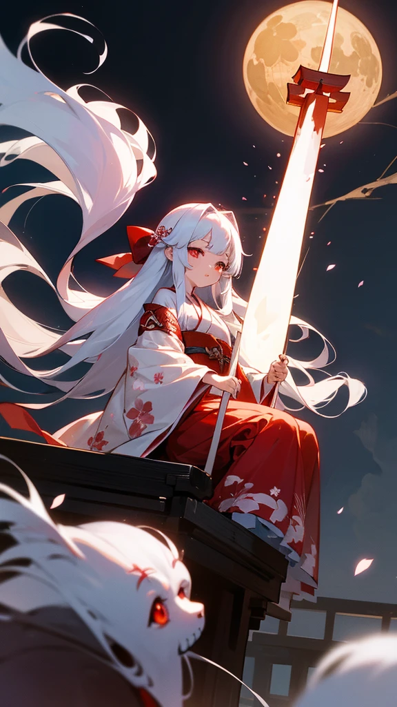 shrine maiden of ancient japanese shrine, pretty girl, kimono, long white hair, ruby red eyes, Princess, Kaguya, Haori, , Wield the shrine maiden's staff, summon spirits and ghosts, Ghosts and spirits fly around her, at night, very detailed, vivid appearance, creative action, very detailed, imaginative, , Voluntary, highest quality, skin texture, intricate details, (cinematic lighting), Raw photo, 8K, masterpiece,highest quality,Super detailed,very detailedイラスト,very detailed,intricate details,High resolution,超intricate details,very detailed 8K cg wallpaper,cherry blossoms,cherry blossomsの巨木,cherry blossomsが舞う,cherry blossoms並木,Rin々new expression,moon,sitting