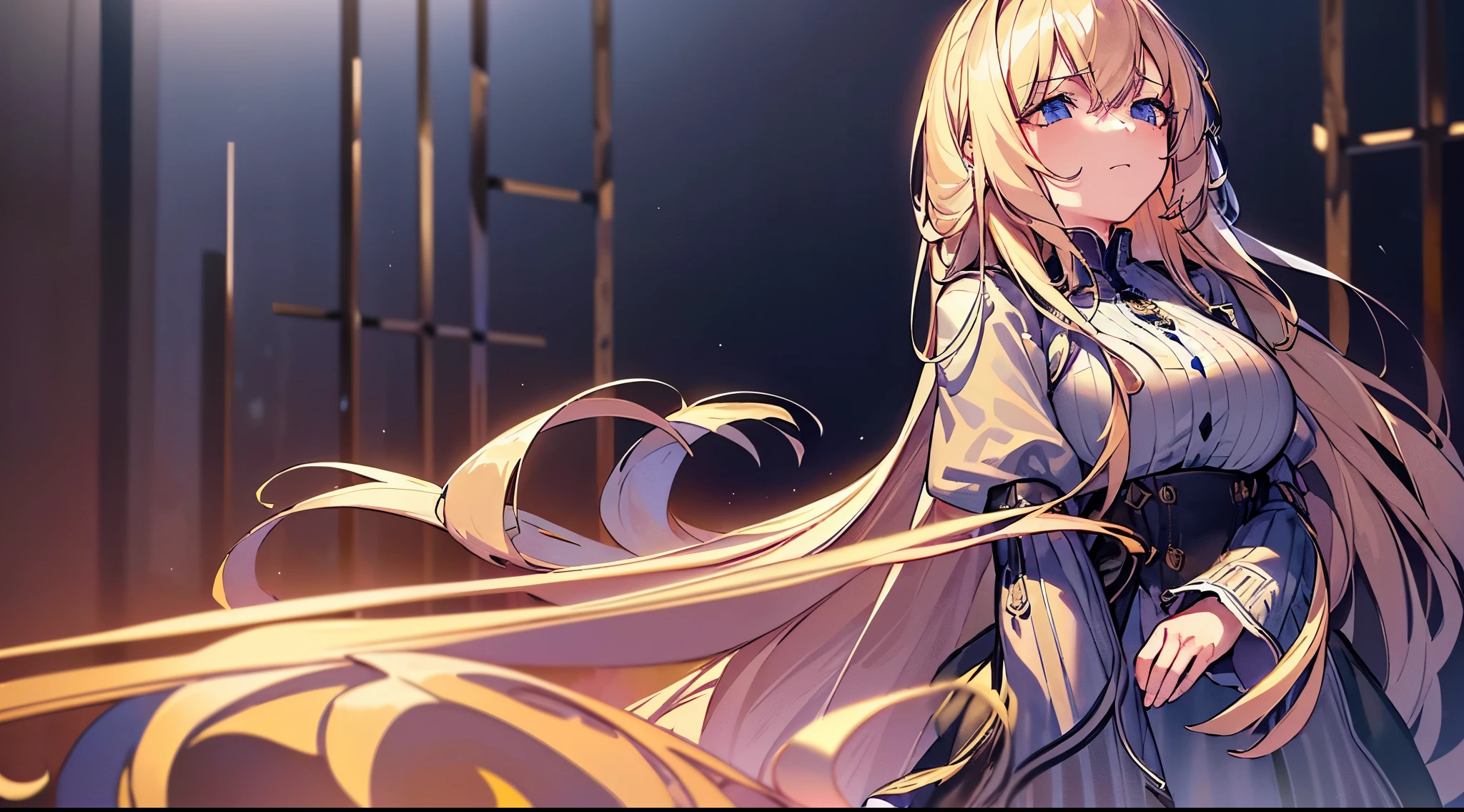 (extremely detailed CG unity 8k wallpaper,masterpiece, best quality, ultra-detailed),(best illumination, best shadow, an extremely delicate and beautiful),floating,high saturation,blonde hair+blue eyes:1.2,gloomy gothic scenery, long hair, gaze into the distance. (A beautiful girl with long blonde hair and blue eyes sparkling gothic lighting)