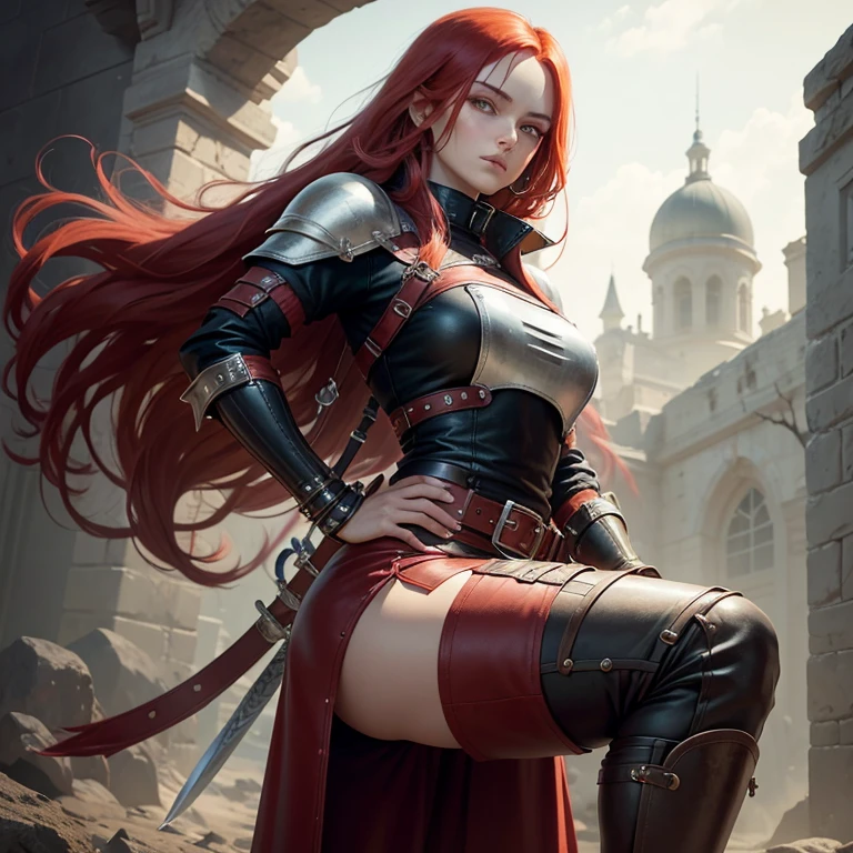 woman in leather outfit holding a sword, redhead queen in red armor, female redhead templar, red haired goddess, photo realistic, hd 4k, best quality, hyper realistic, masterpiece