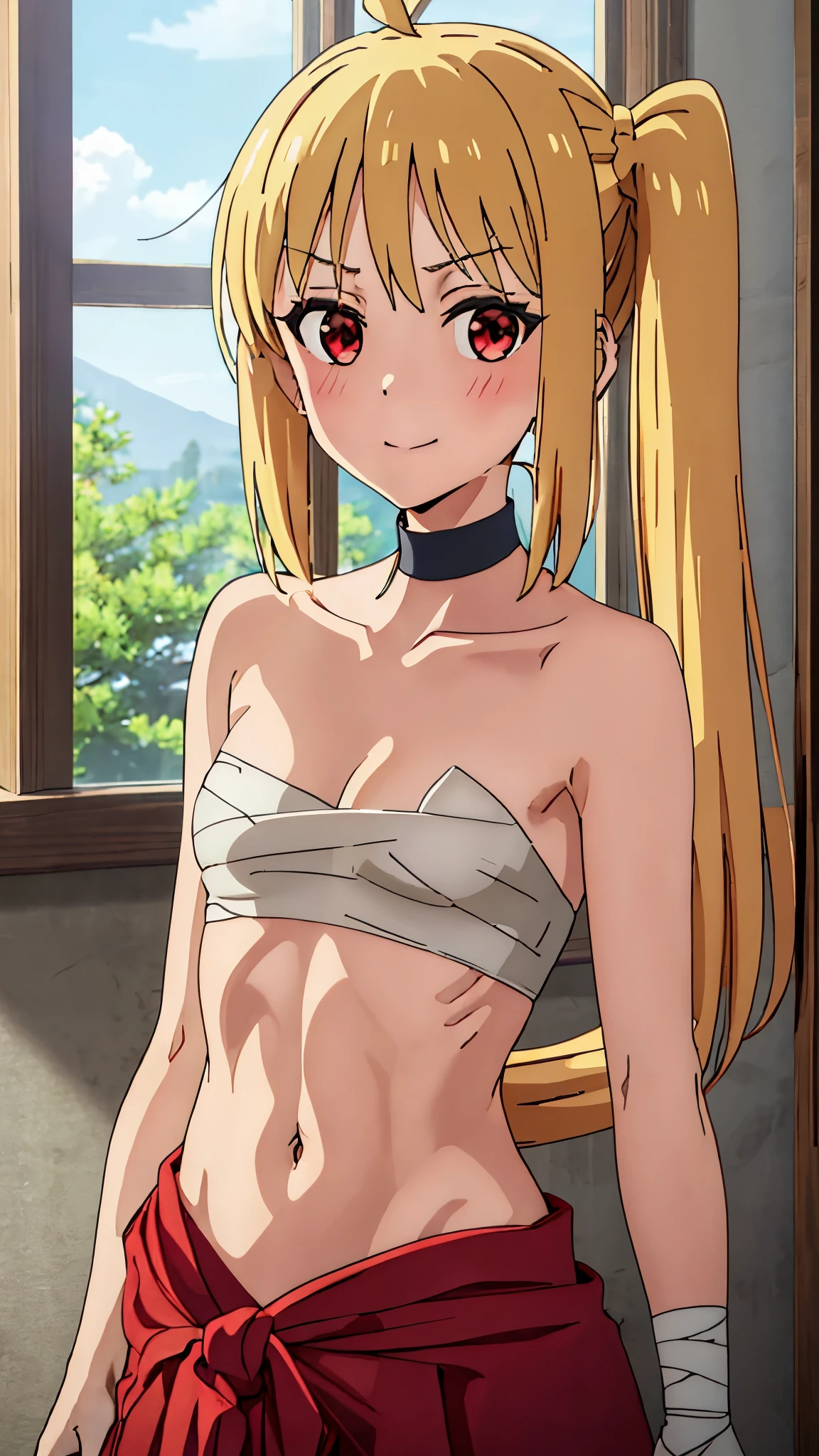 masterpiece, high-res, beautiful, perfect anatomy, 1girl, solo, beige blonde hair, pale skin, green eyes, petite, small breasts, head tilt, bandages, detailed hands, beautiful detailed, bandage censoring