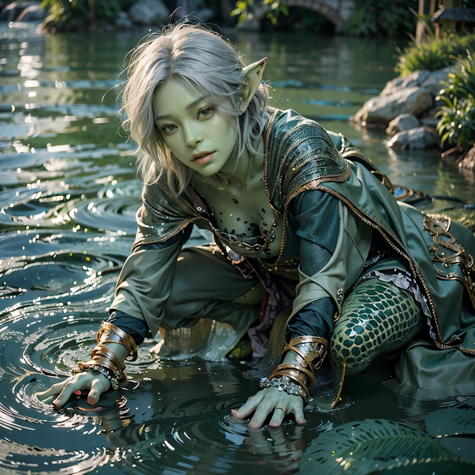 masterpiece, top quality, super realistic, super detailed, one person, female goblin, beautiful girl, (green skin:1.5), gray hair, short cut, modest clothes, playing on a riverbank of crystal clear water