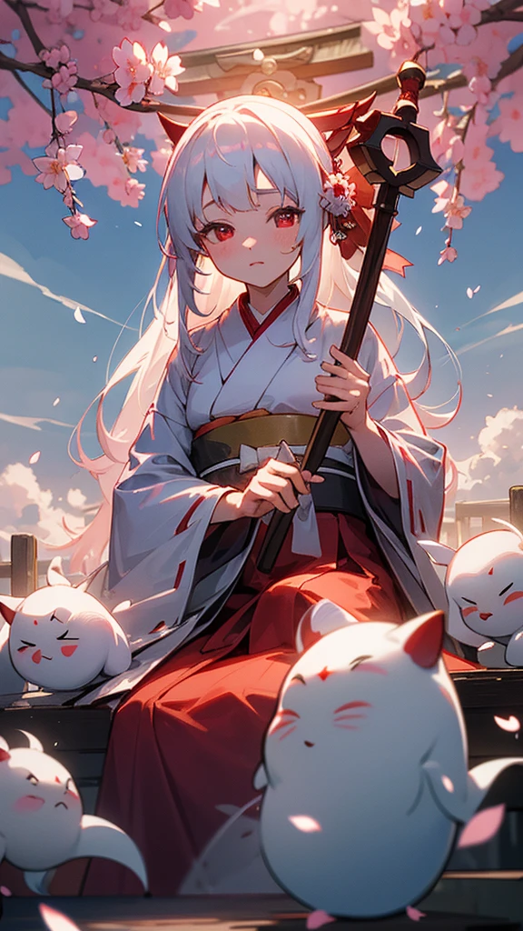 shrine maiden of ancient japanese shrine, pretty girl, kimono, long white hair, ruby red eyes, Princess, Kaguya, Haori, , Wield the shrine maiden's staff, summon spirits and ghosts, Ghosts and spirits fly around her, morning, blue sky,very detailed, vivid appearance, creative action, very detailed, imaginative, , Voluntary, highest quality, skin texture, intricate details, (cinematic lighting), Raw photo, 8K, masterpiece,highest quality,Super detailed,very detailedイラスト,very detailed,intricate details,High resolution,超intricate details,very detailed 8K cg wallpaper,cherry blossoms,cherry blossomsの巨木,cherry blossomsが舞う,cherry blossoms並木,Rin々new expression,sitting