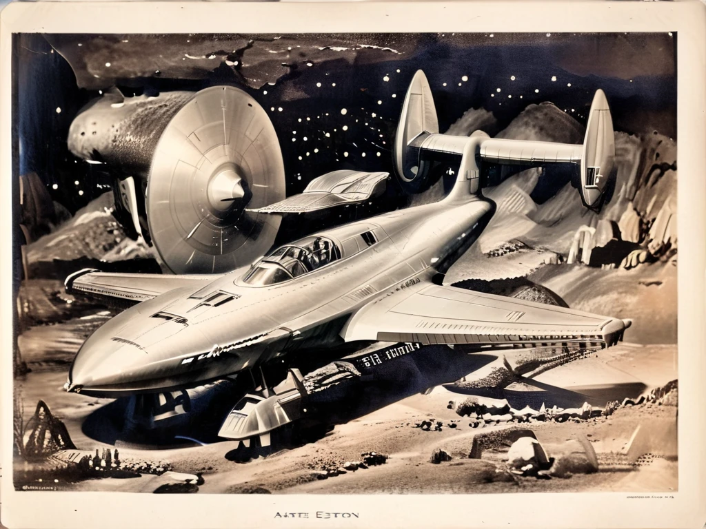 a spaceship slightly similar to the Enterprise from Star Trek in a retro 1940 version, cor estilo technicolor anos 1950,monochrome,arte de llbreton,  